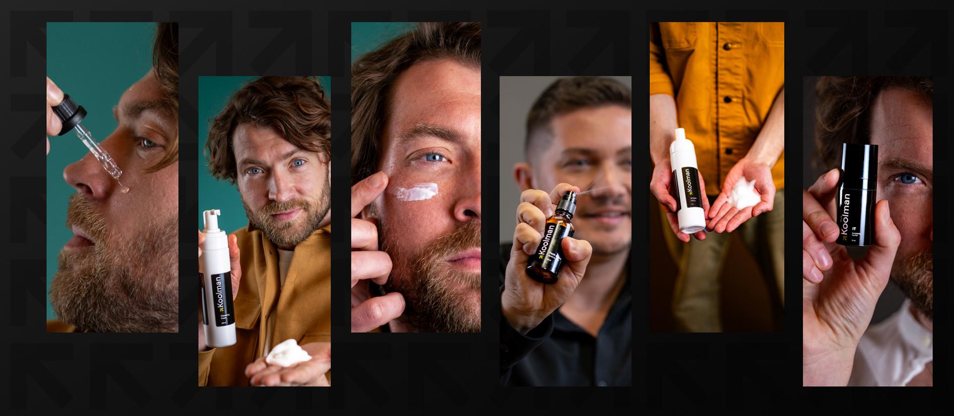 Men using Koolman skincare – serum, cleansing foam, cream, foot spray and eye gel